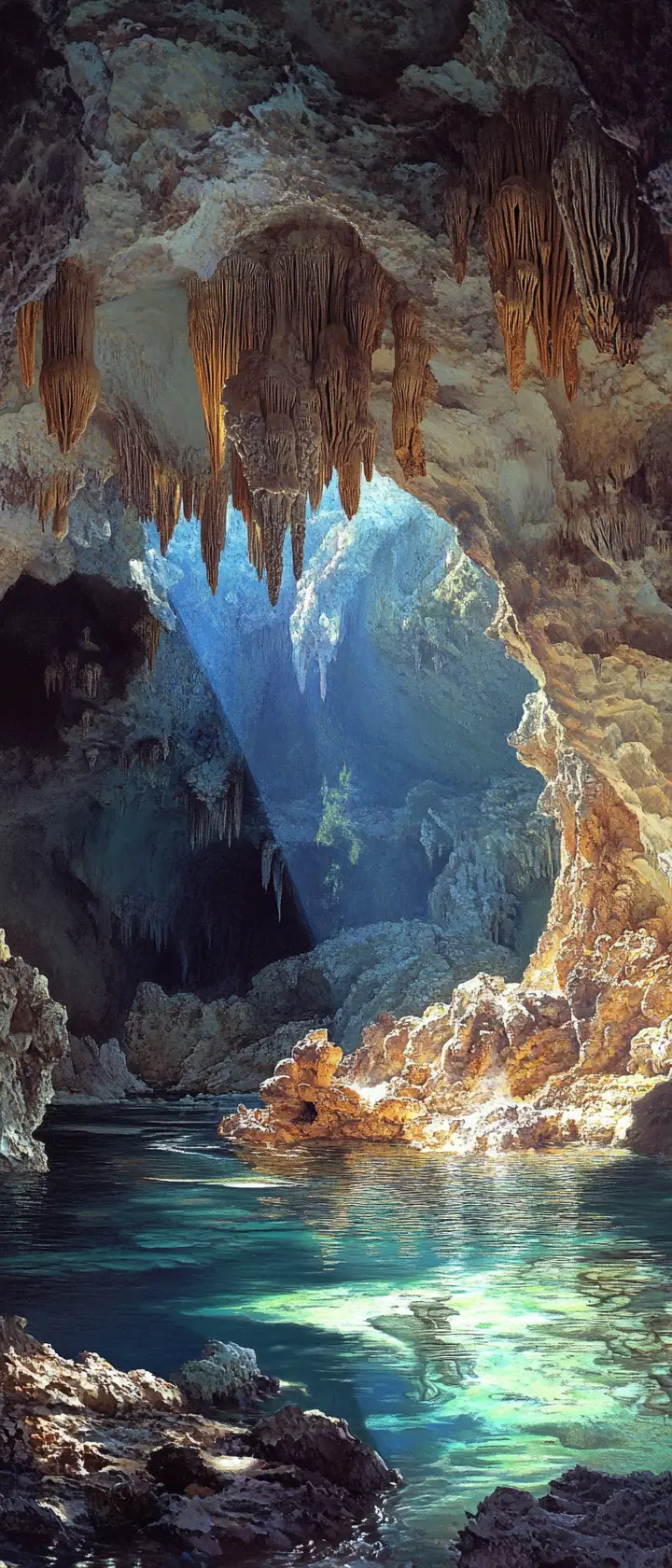 Ancient stalactites above a tranquil underground river