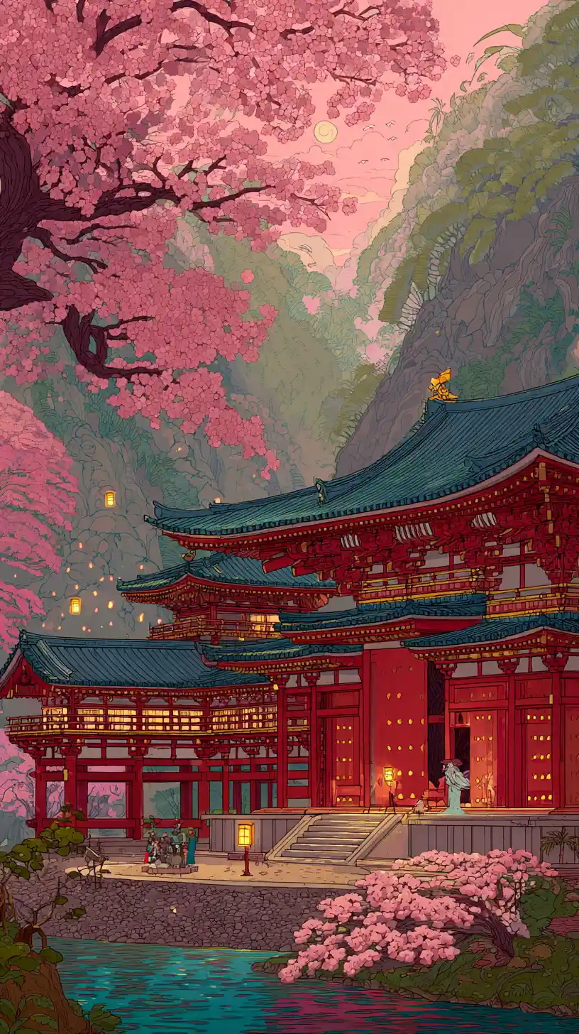 Majestoso palácio japonês em um vale fantasioso coberto de névoa