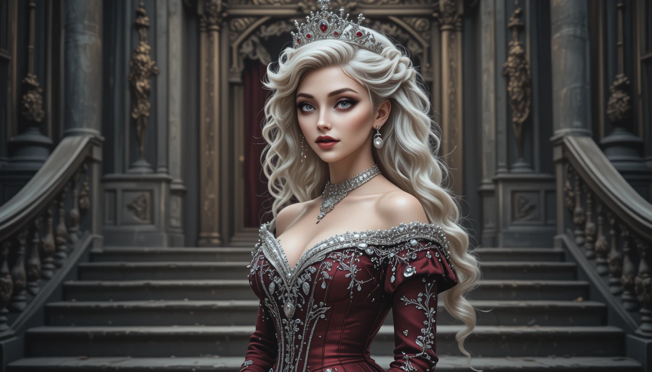 Victorian noblewoman in red gown before imperial throne