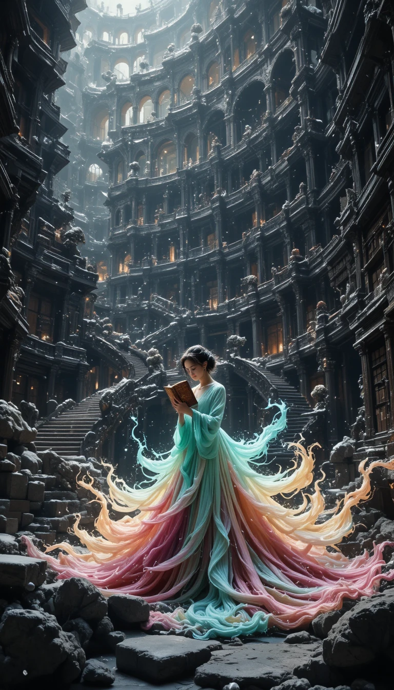 Biblioteca celestial con una mujer solitaria leyendo en la nieve