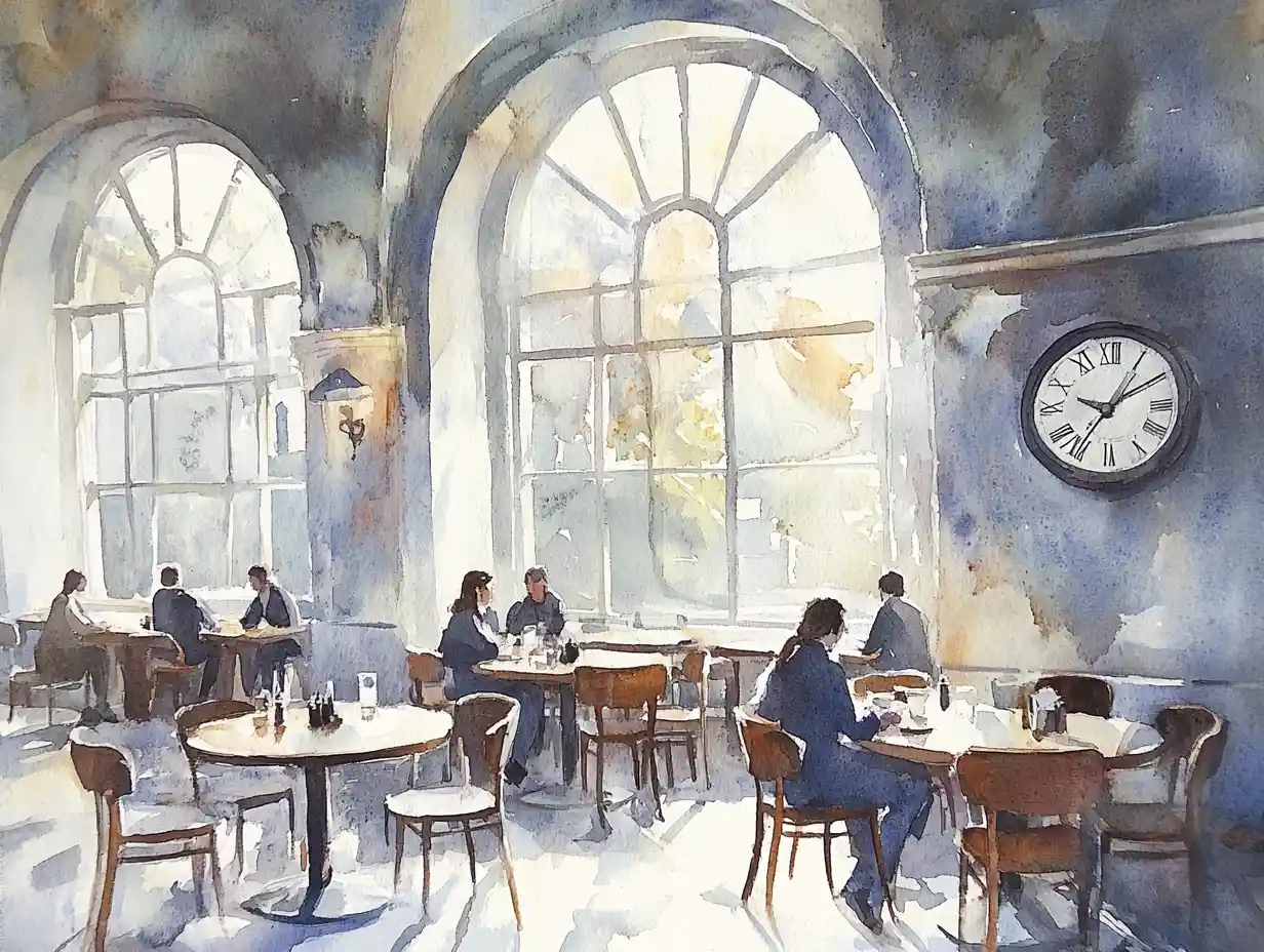 Aquarell-Café-Innenraum mit Menschen an runden Tischen