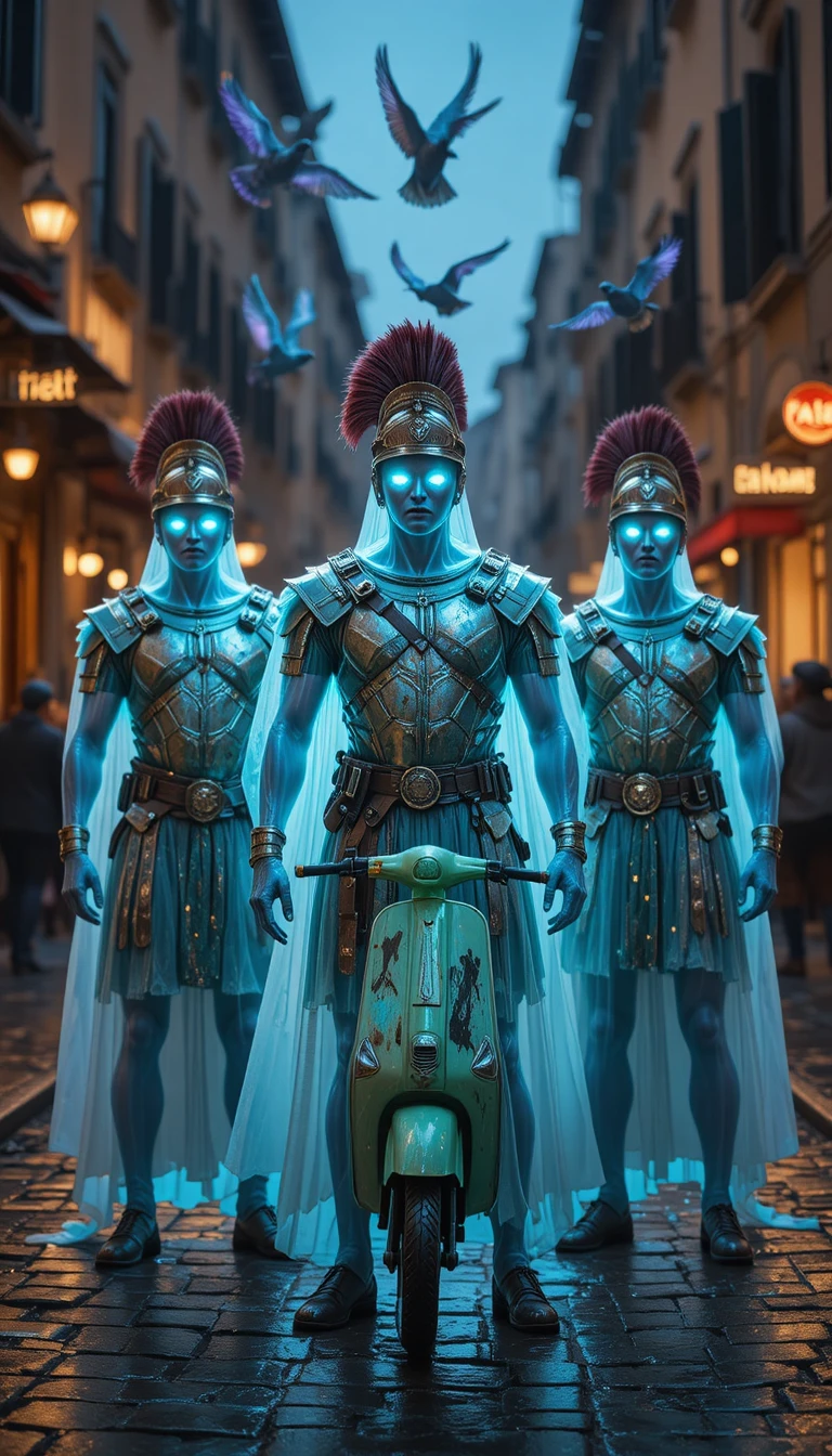 Ghostly Roman centurions on a modern city street at dusk