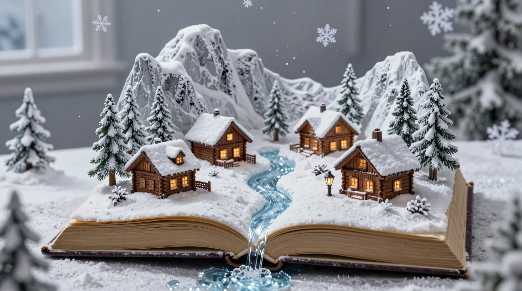 열려 있는 앤티크 책에서 솟아오르는 미니어처 겨울 마을