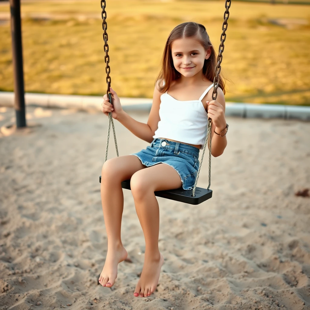 Barefoot girl sitting on a playground swing at sunset
