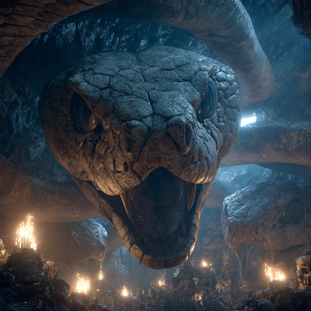 Colossal Cobra Skeletons Coiled In A Glowing Cavern