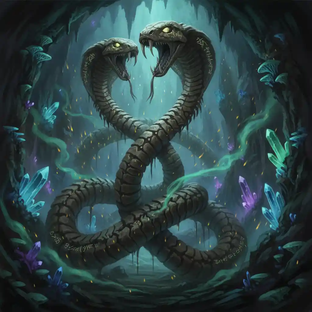 Giant cobra skeletons entwined in a glowing cavern