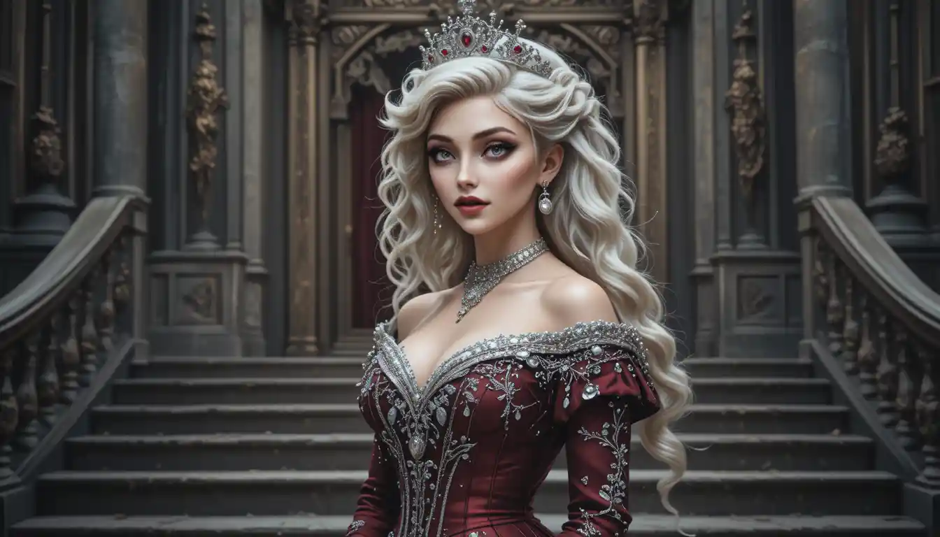 Victorian noblewoman in red gown before imperial throne