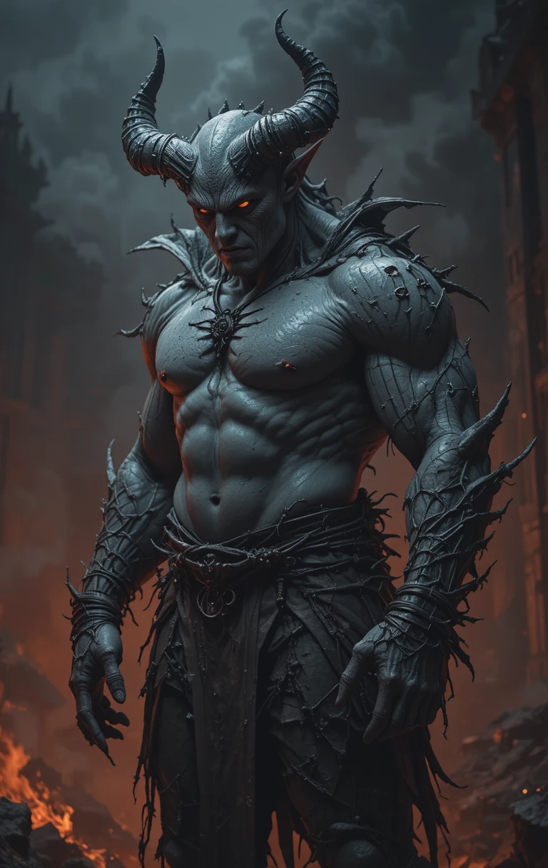 Demonic horned beast standing in front of a fiery hellscape