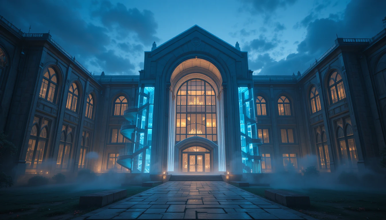 Mystical school building glowing softly in a parallel universe