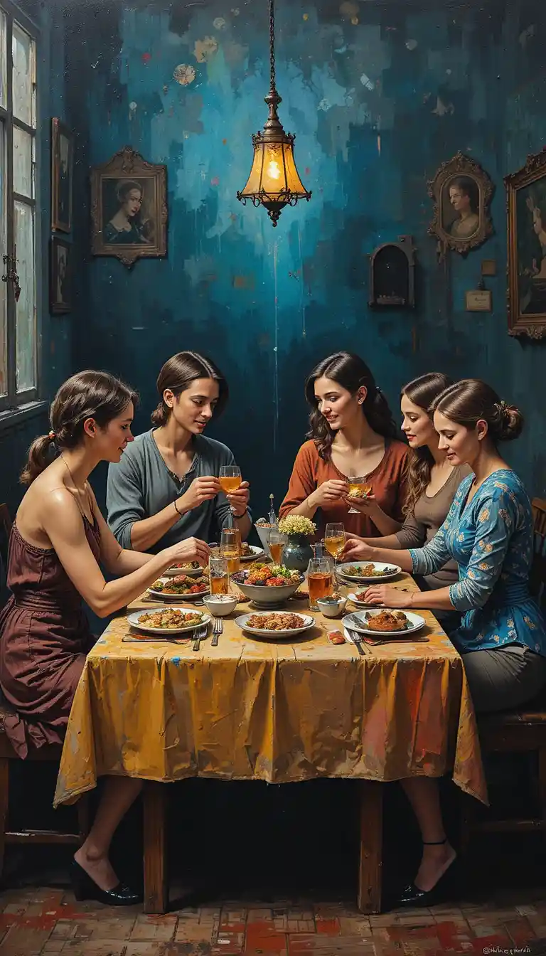 Familie teilt eine bescheidene heilige Mahlzeit an einem einfachen Tisch