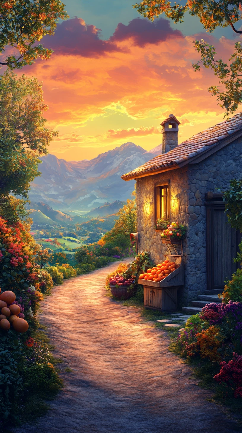 Enchanted countryside cottage with fruit stand at sunset