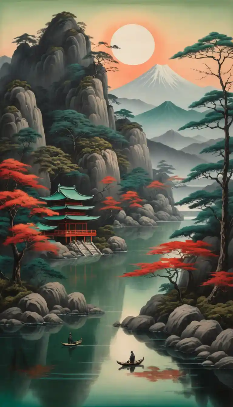 寧靜湖水與分格構圖的日本山岳風景
