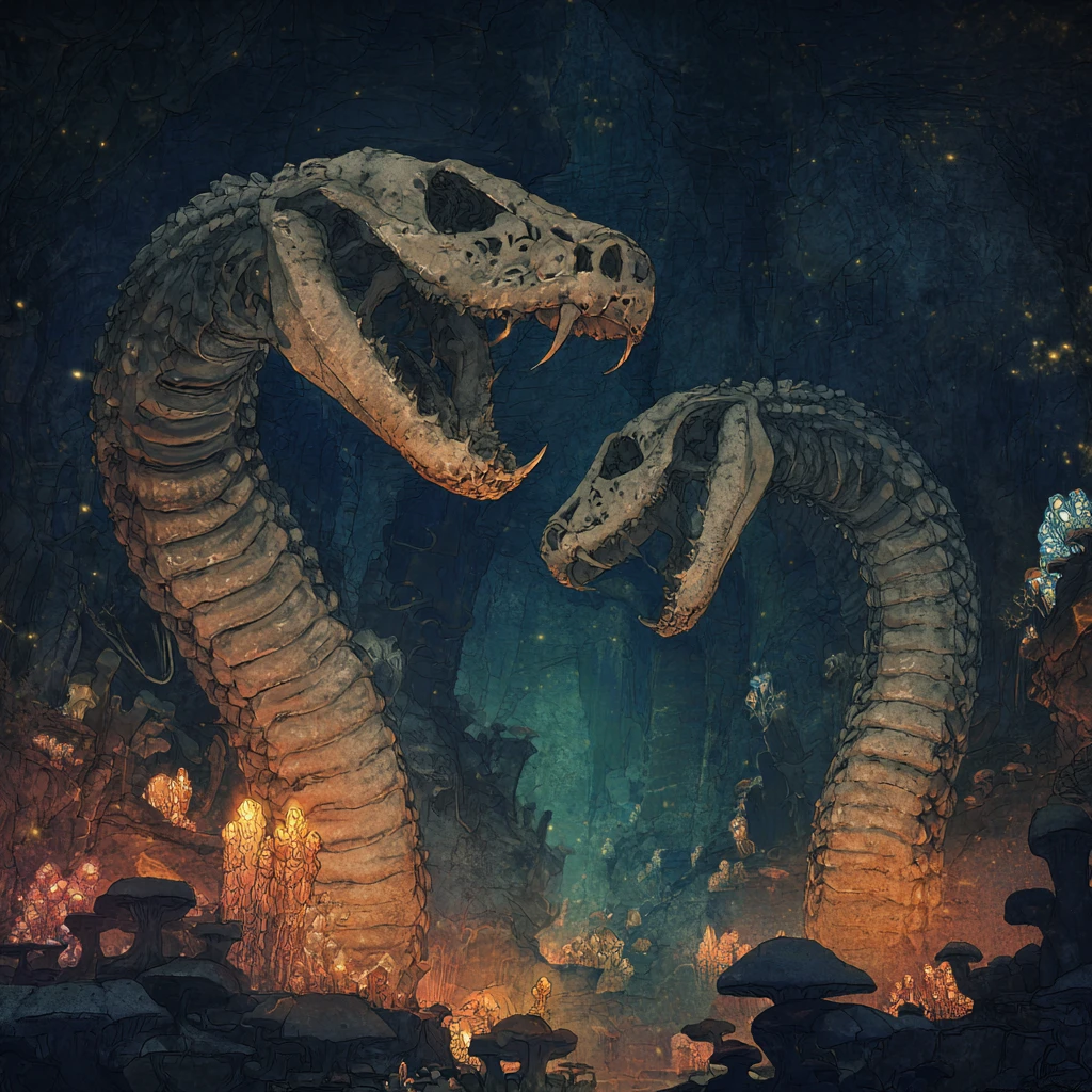 Colossal cobra skeletons entwined in a glowing cavern