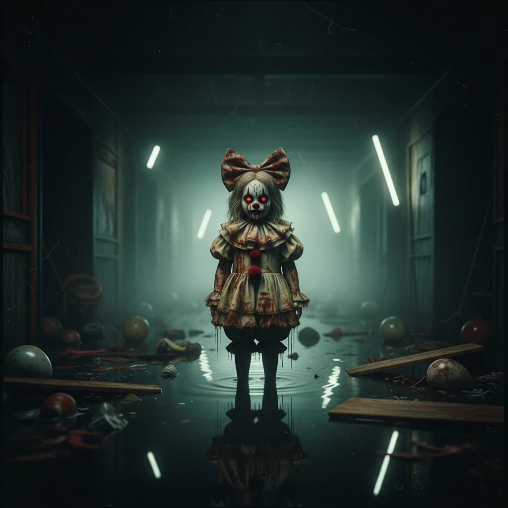 Ragazza terrificante in costume da clown vintage in corridoio buio