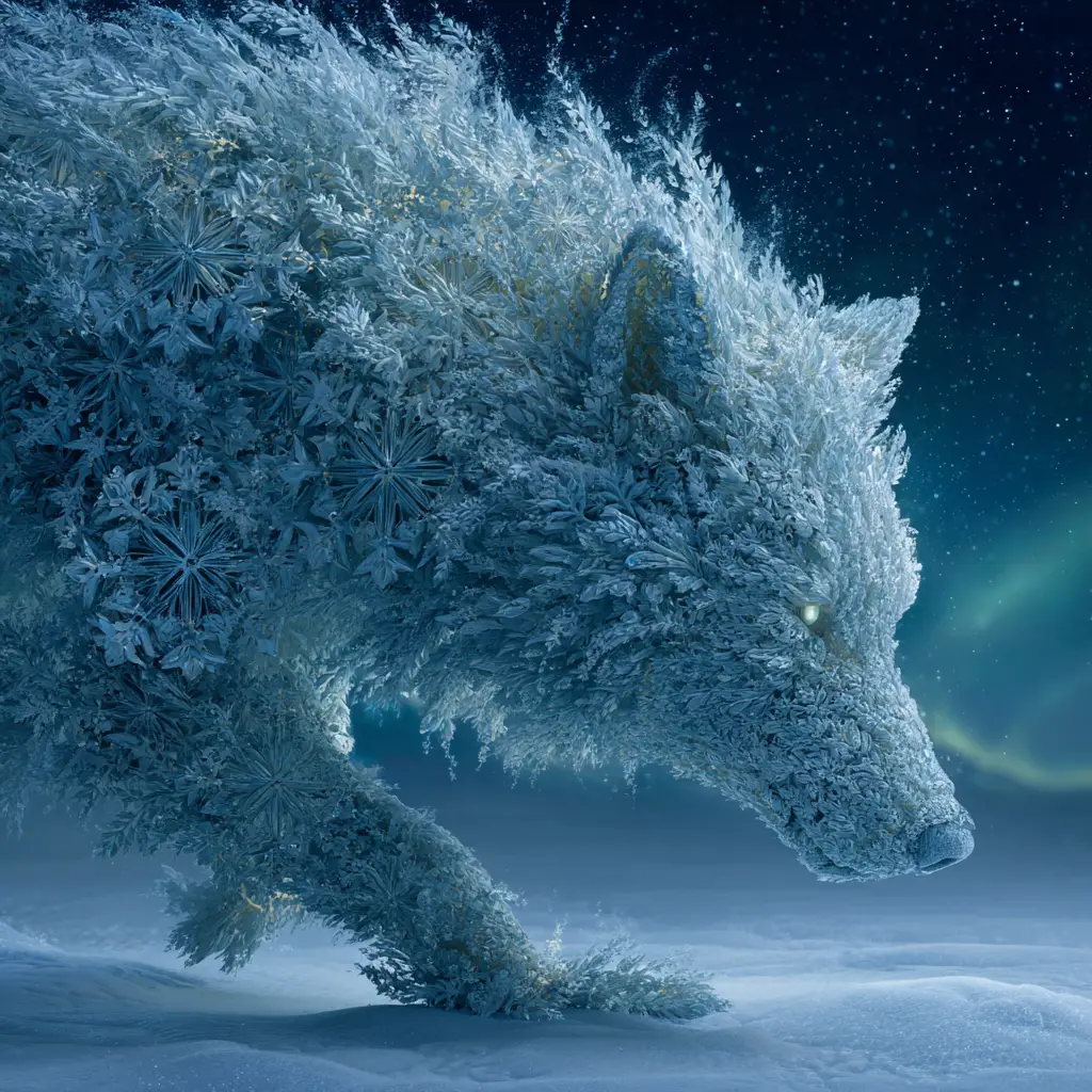 Crystalline Snowflake Wolf Prowling A Frozen Bioluminescent Tundra
