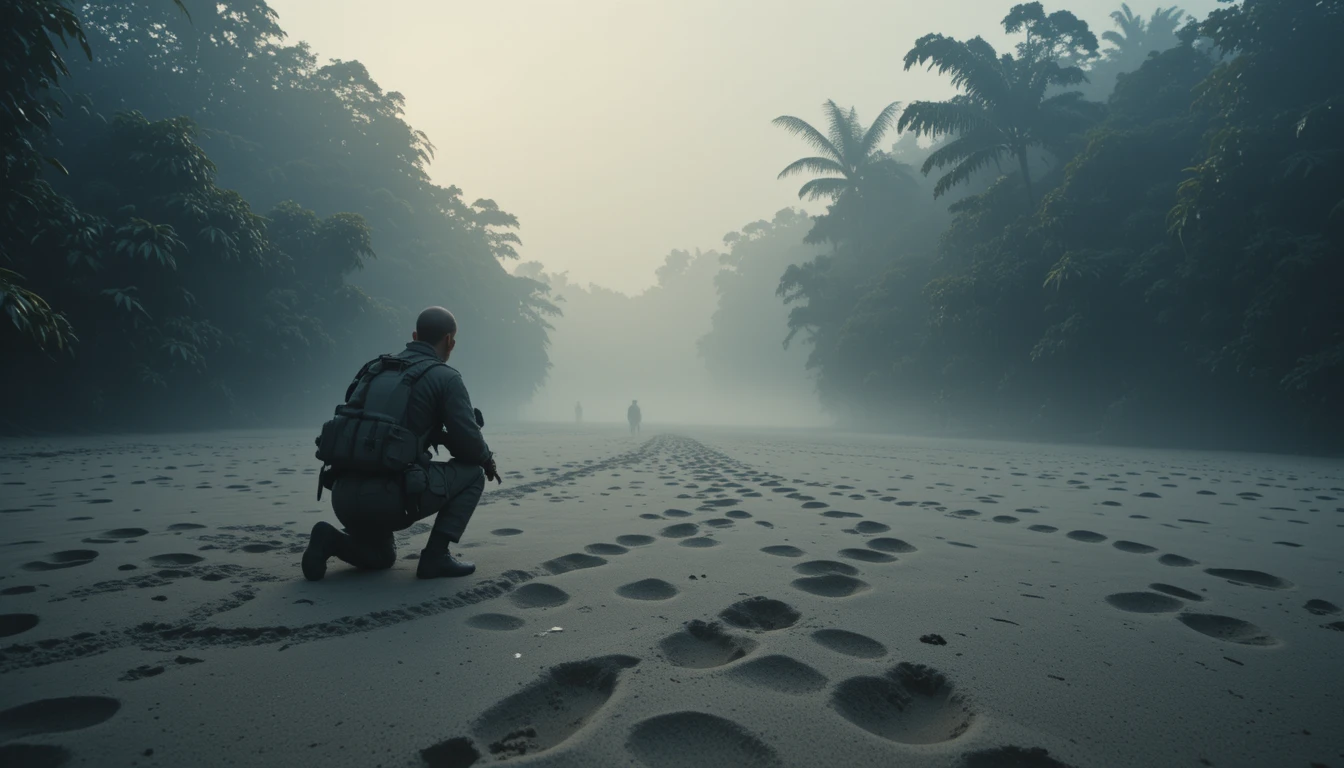 Armed soldiers track fresh footprints on a foggy island
