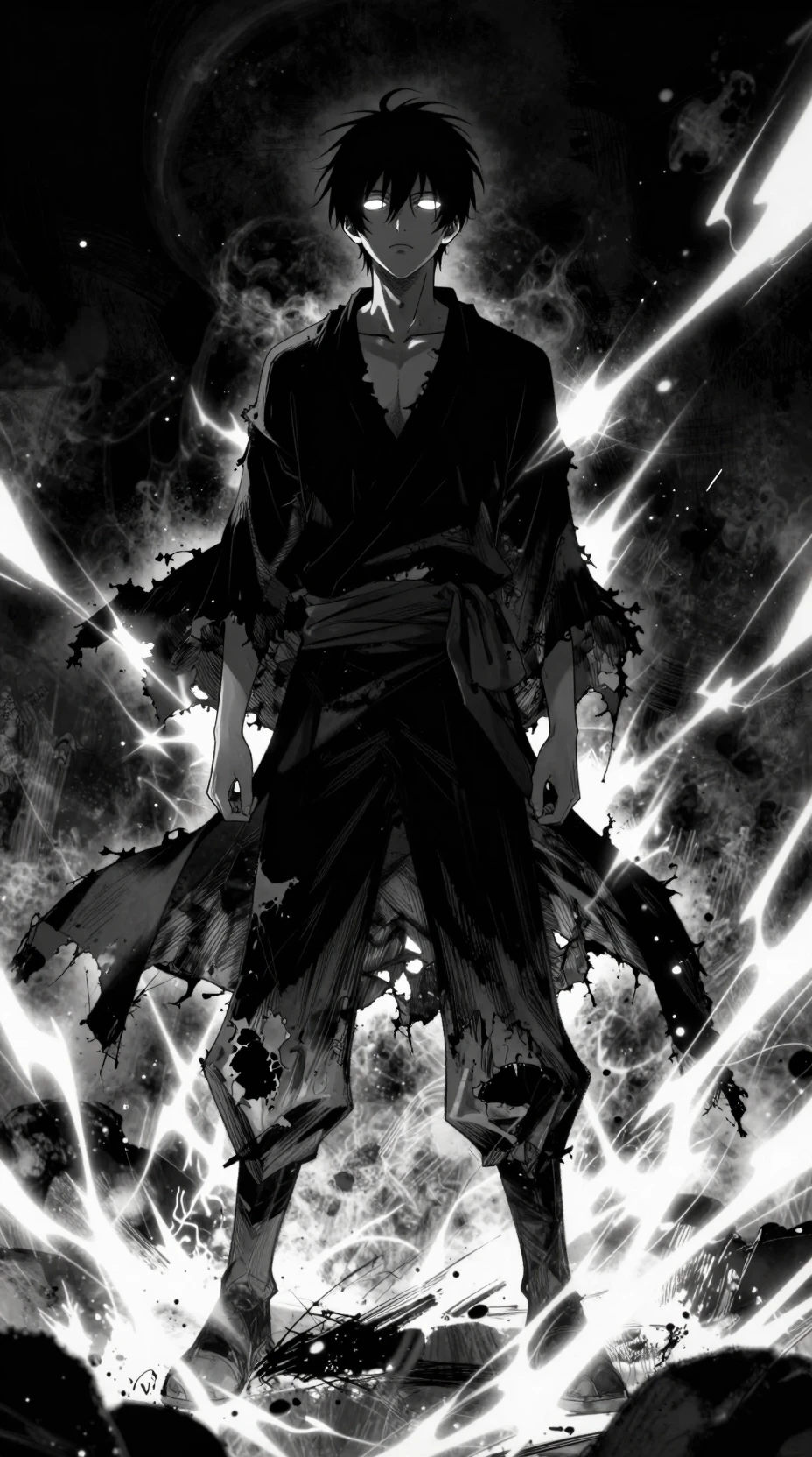 Ragazzo anime solitario tra le fiamme con freddi occhi luminosi