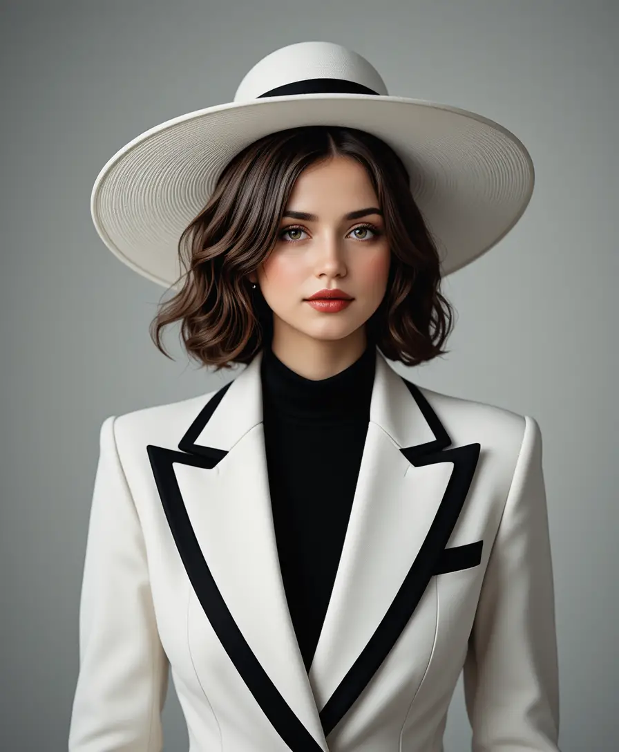 Elegant woman in white suit and wide brim hat portrait
