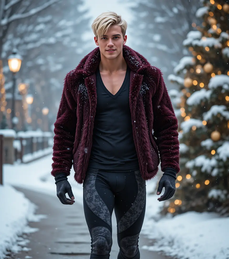 Blond young man walking in winter street by Christmas tree