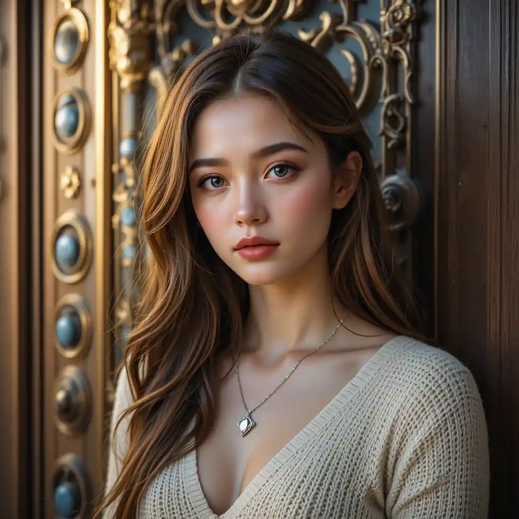 Calm young woman portrait by antique wooden door