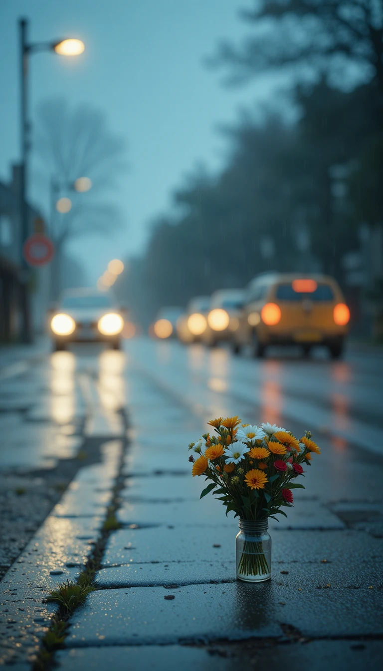 Pequeno buquê de flores sob o poste de luz em noite chuvosa