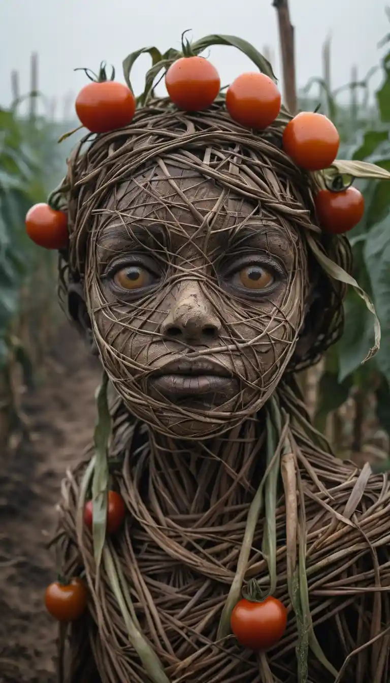 Close up of vine effigy girl head in misty farm soil