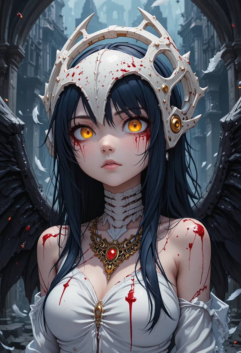 Yandere anime woman with bone crown and black wings