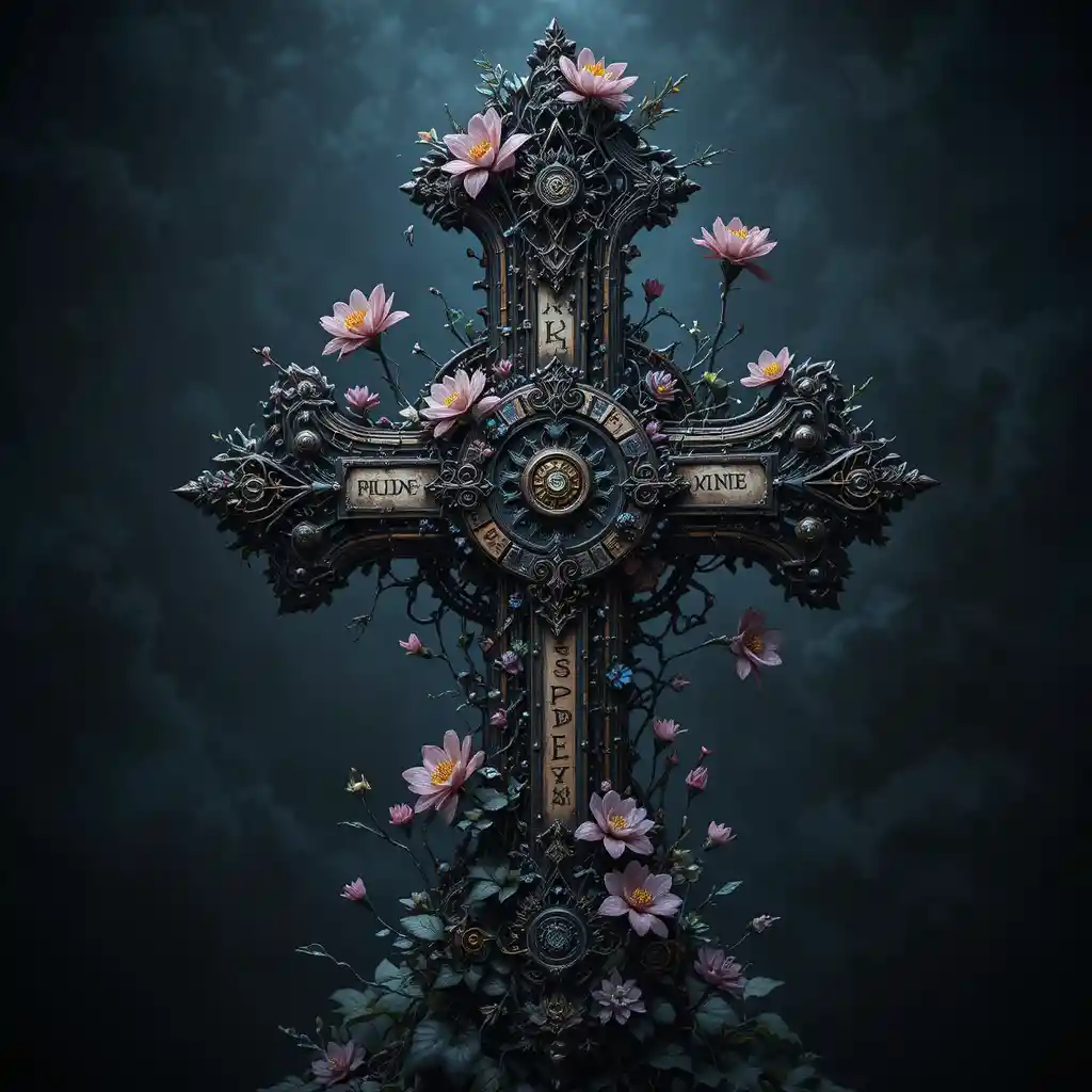 Croix steampunk fantaisiste avec fleurs bioluminescentes lumineuses