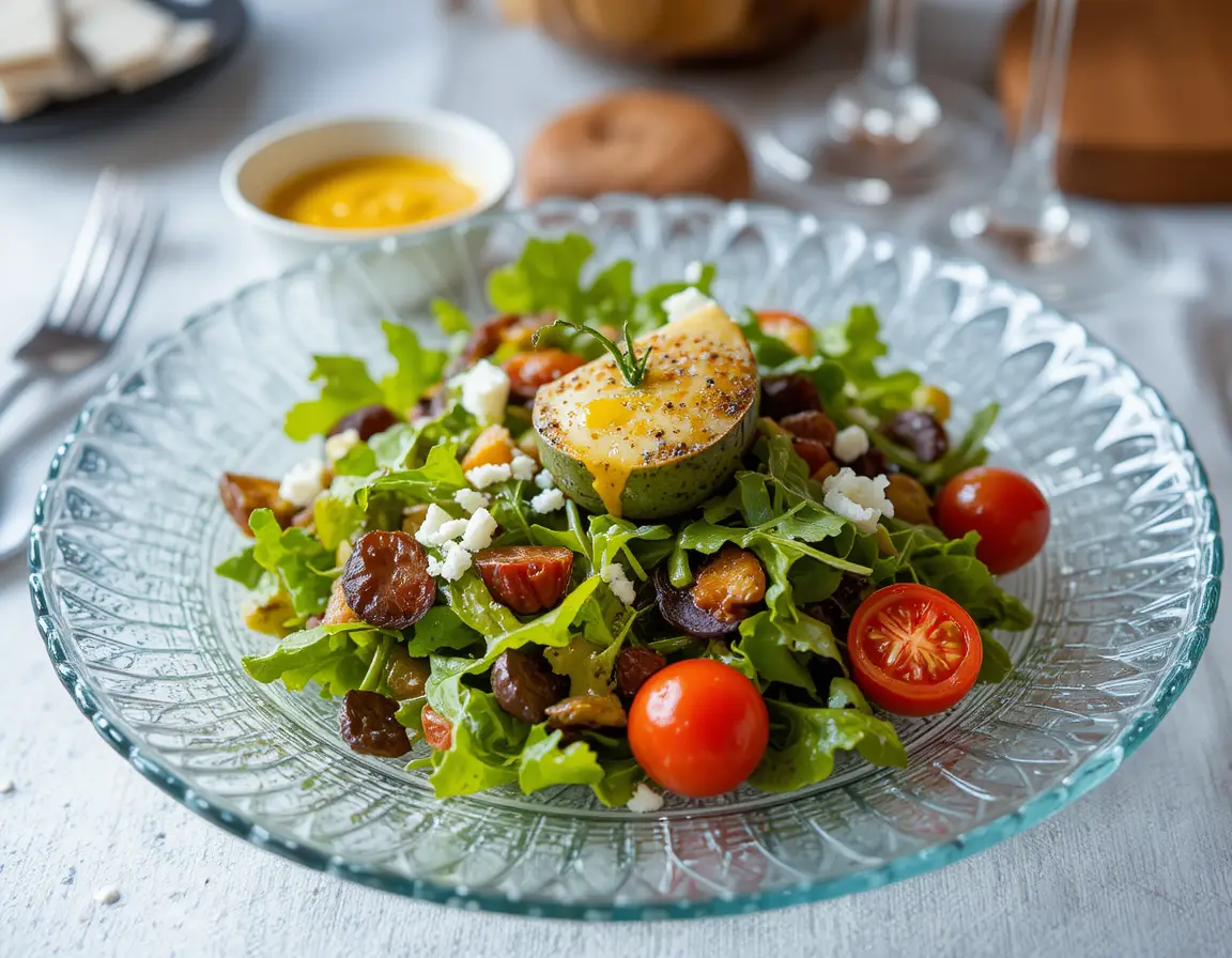 Insalata gourmet su piatto di vetro decorato con formaggio e senape