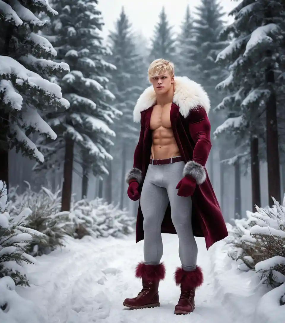 Young blond man walking in a snowy winter forest