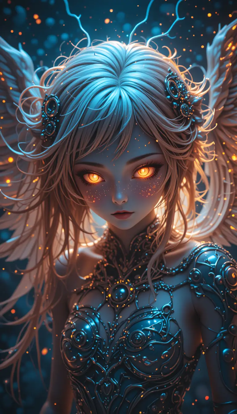 Cosmic fallen angel with glowing eyes in bright biomechanical colors