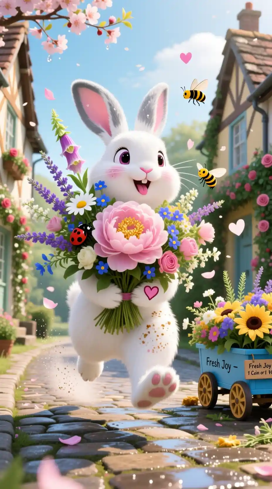 Coniglio bianco che corre con un enorme bouquet di fiori