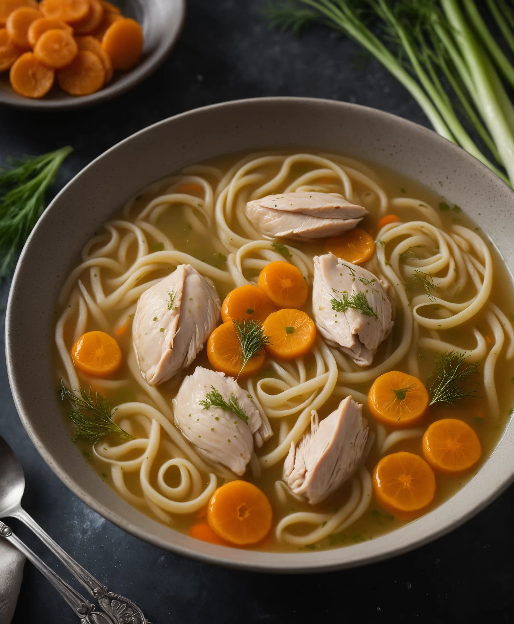 Steaming Chicken Noodle Soup In A Dark Kitchen