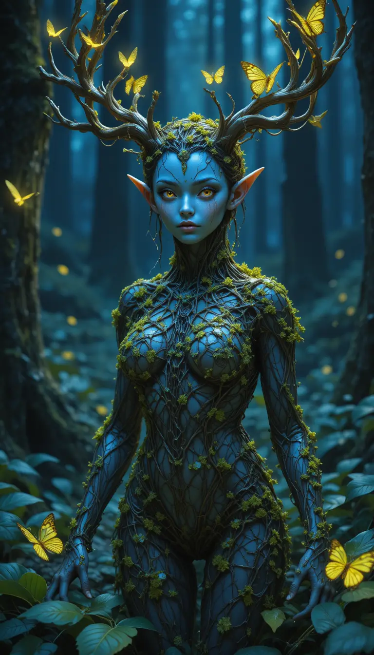 Anime forest dryad woman with antlers and glowing eyes