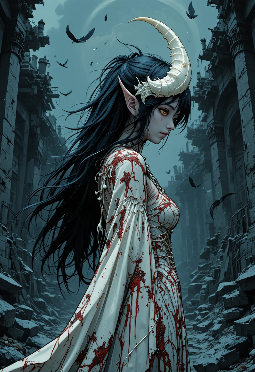 Anime horned woman in tattered white gown among ruins