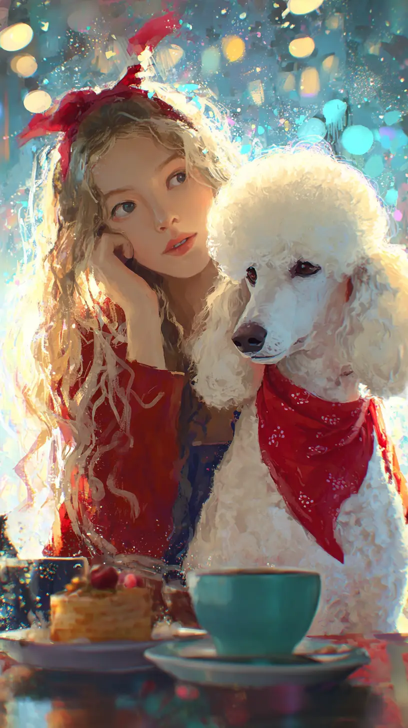 Young woman with white poodle in a dreamy cafe