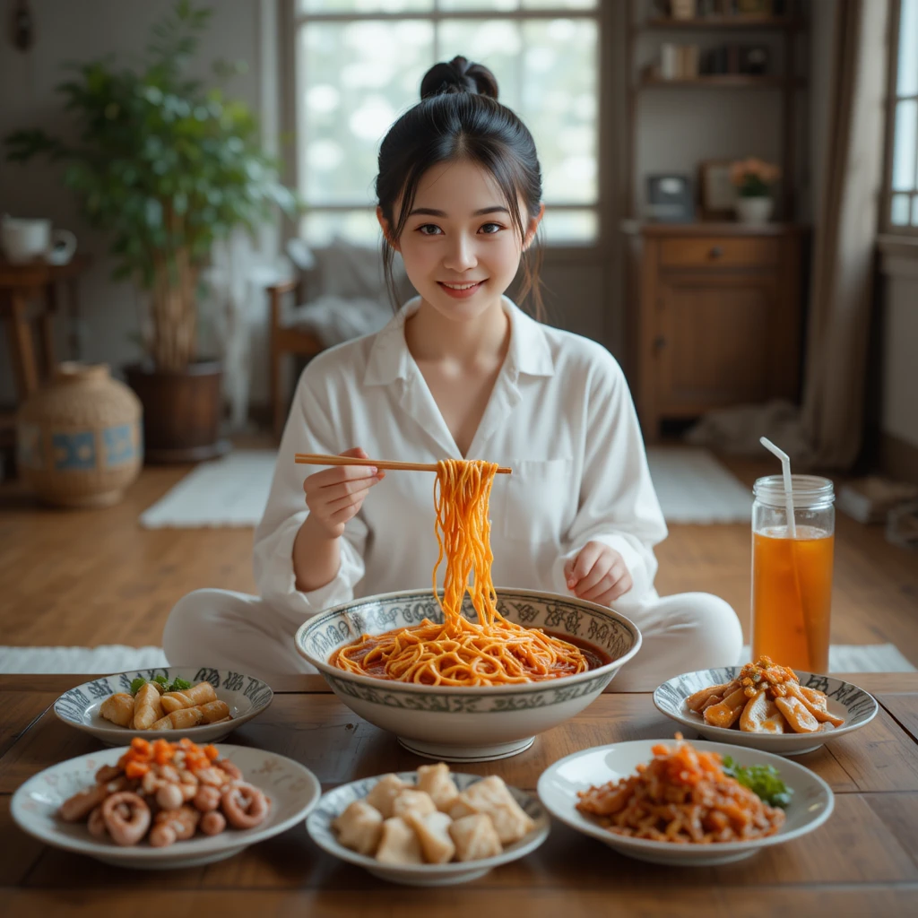 Chinese girl eating spicy noodles in cozy home interior