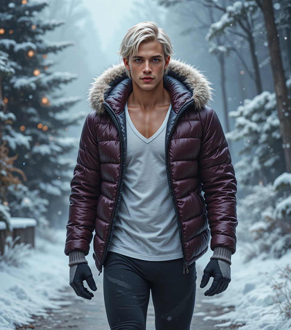 Gebräunter blonder Teenager geht nachts im winterlichen Straßenbild