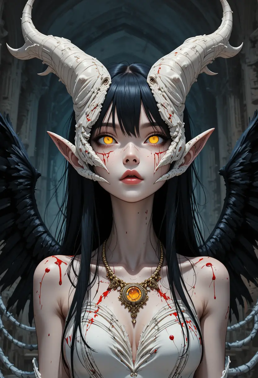 Battle scarred anime woman with horns and black wings