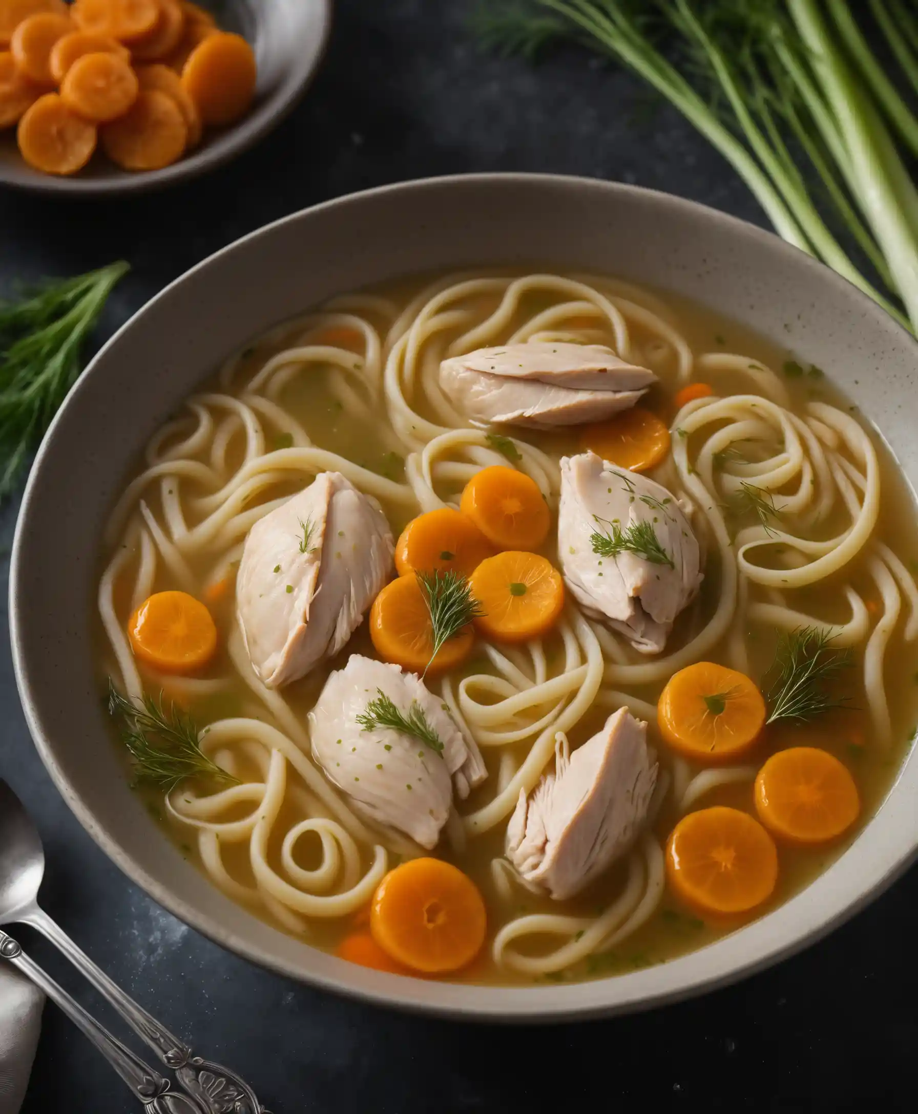 Steaming Chicken Noodle Soup In A Dark Kitchen
