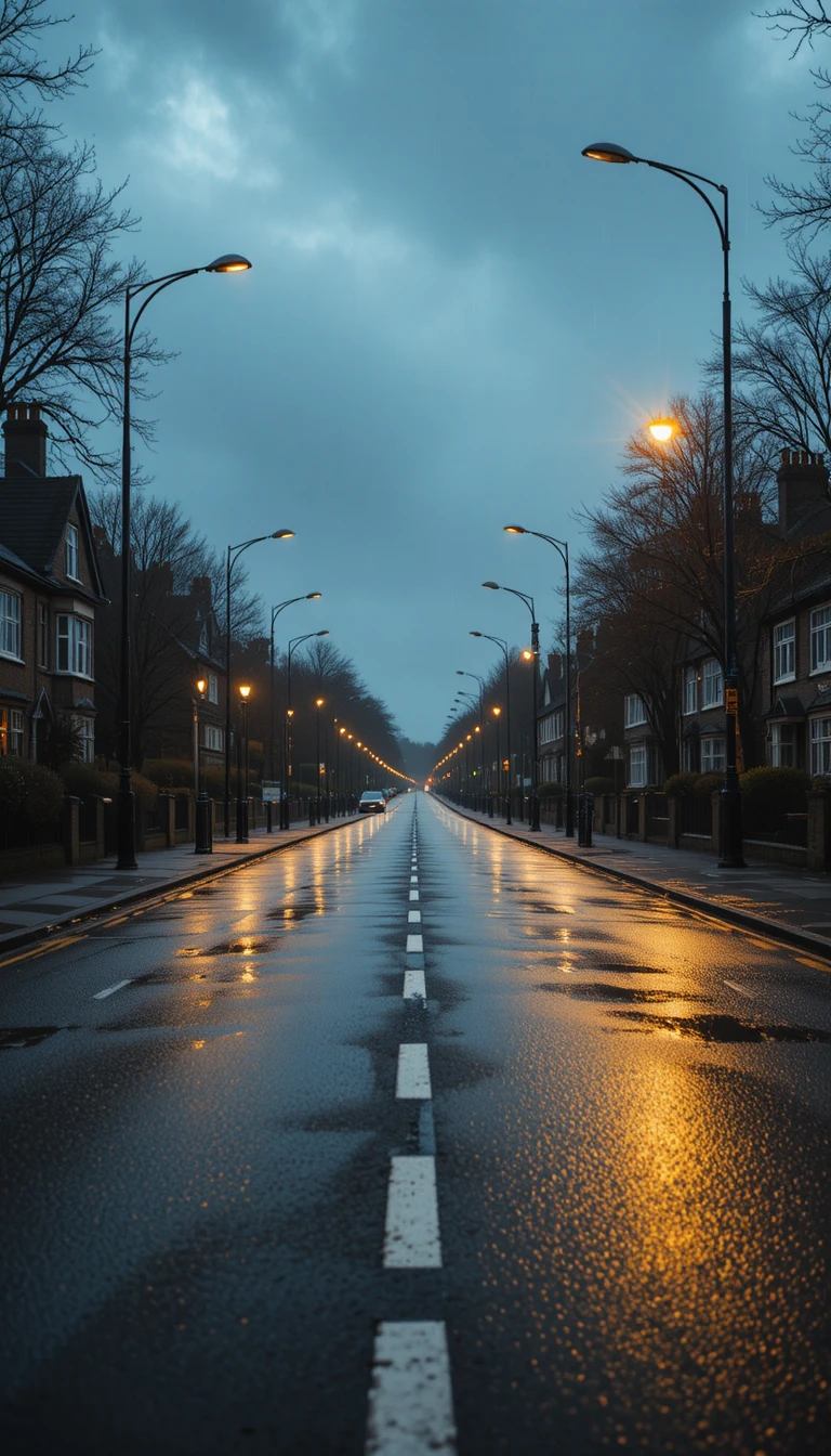 Quiet London suburban street at dusk with wet reflections
