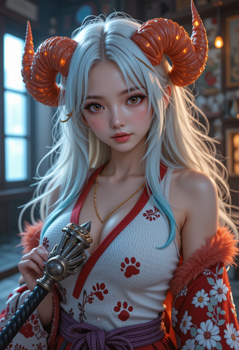 Full body view of a horned warrior woman with glowing runes