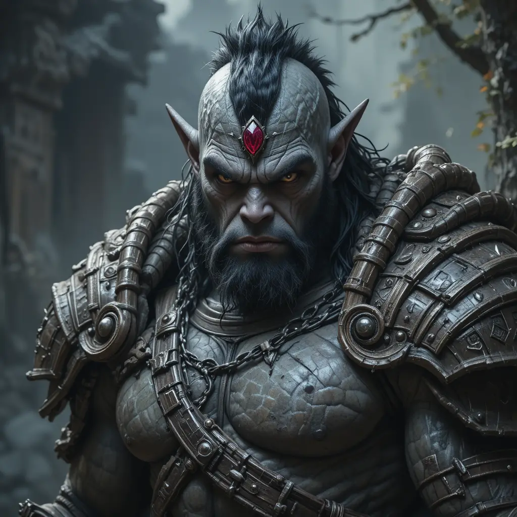 Fierce male orc warrior in revealing armored outfit