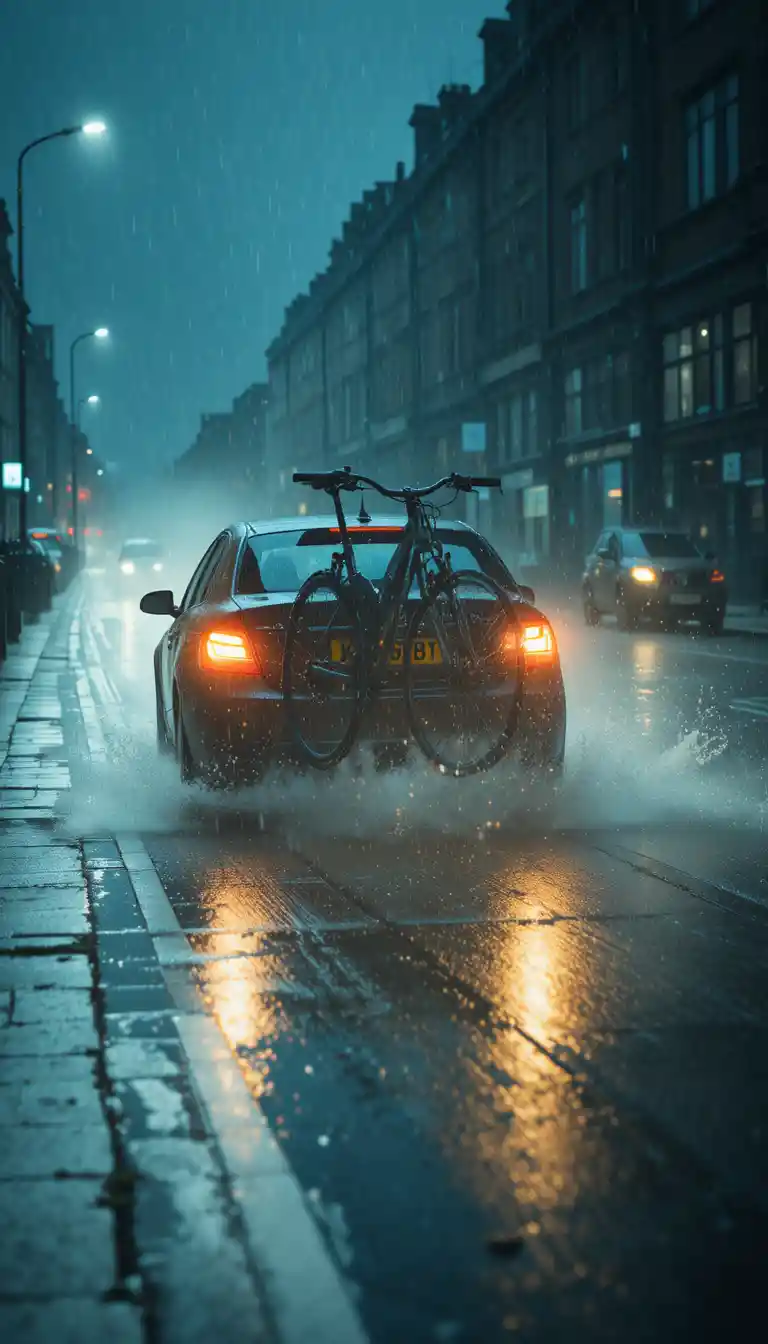 Car braking on rainy london street with flying bicycle
