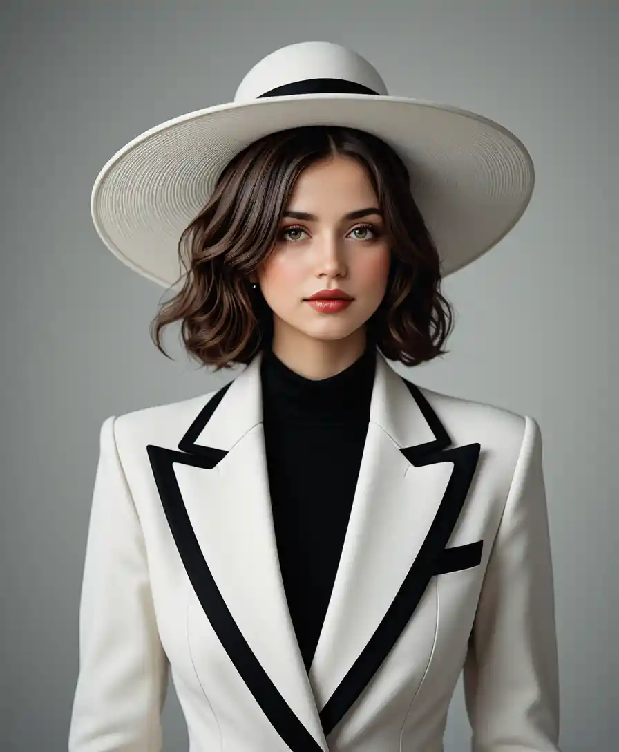 Elegant woman in white suit and wide brim hat portrait