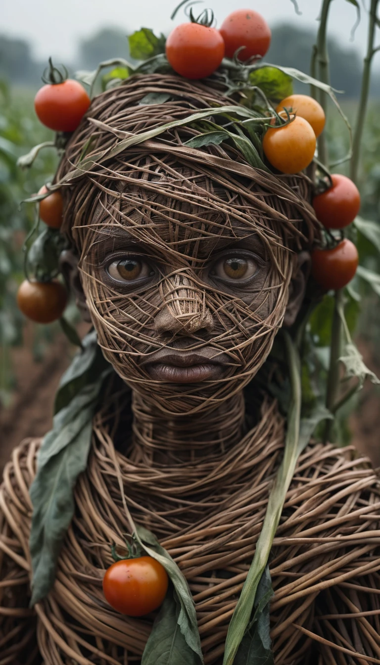 Close up of wicker girl effigy among crops in mist