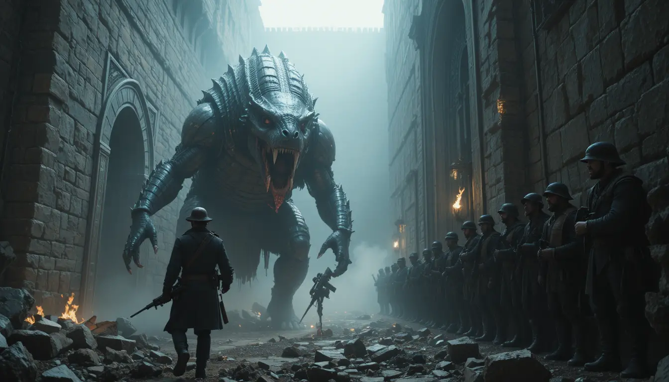 Armored beast stalks a dark fortress corridor