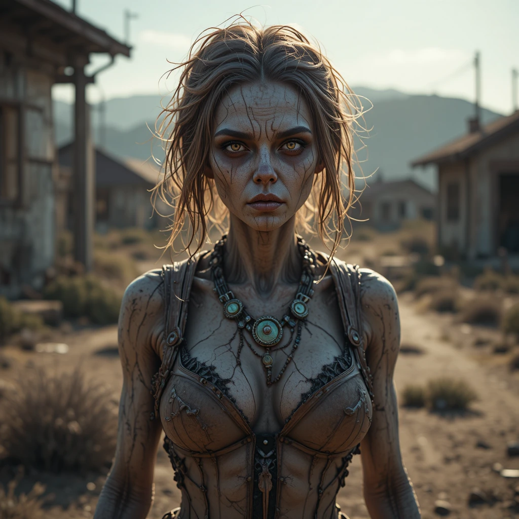 Kind eyed female ghoul standing in a barren wasteland