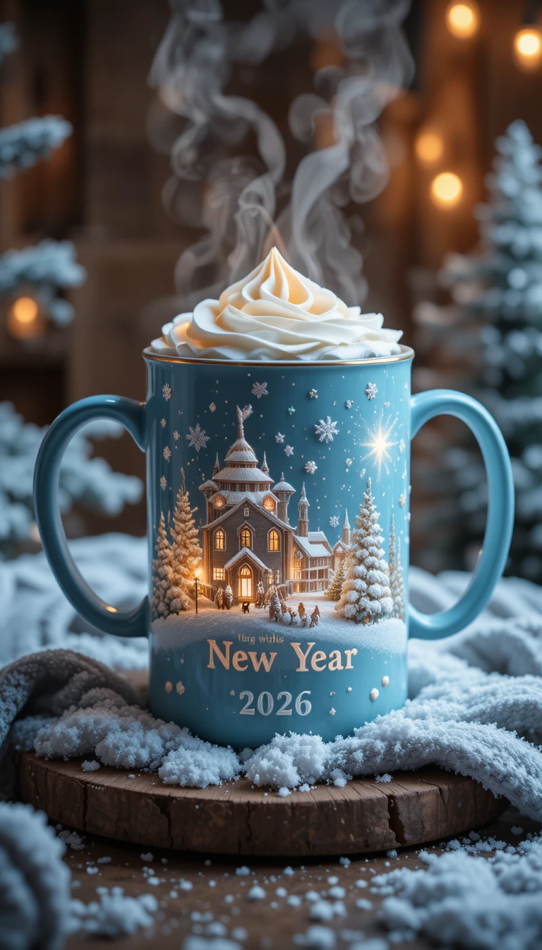Tazza di Natale azzurro chiaro con vapore di cioccolata calda