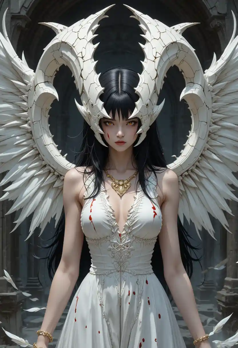 Horned anime woman with dark wings in gothic ruins